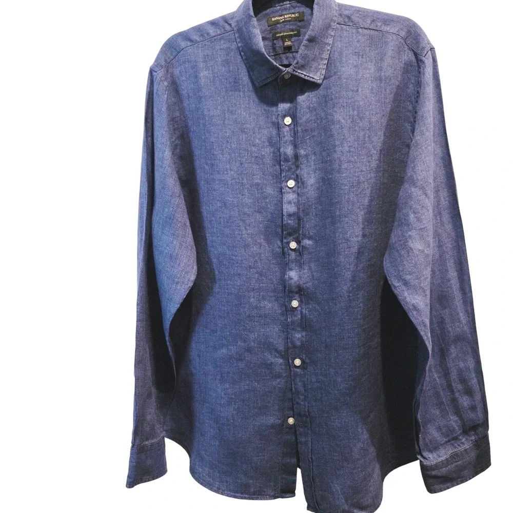 Banana Republic Men's Blue Linen Camden Standard Fit Long Sleeve Shirt Sz  L